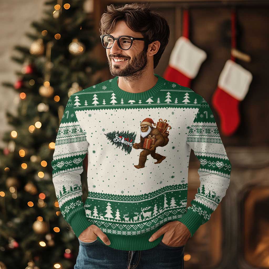 Believe Bigfoot Xmas Ugly Christmas Sweater Sasquatch Holiday Gift TS12 Beige Green Print Your Wear