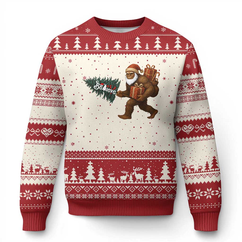 Believe Bigfoot Xmas Ugly Christmas Sweater Sasquatch Holiday Gift TS12 Beige Red Print Your Wear