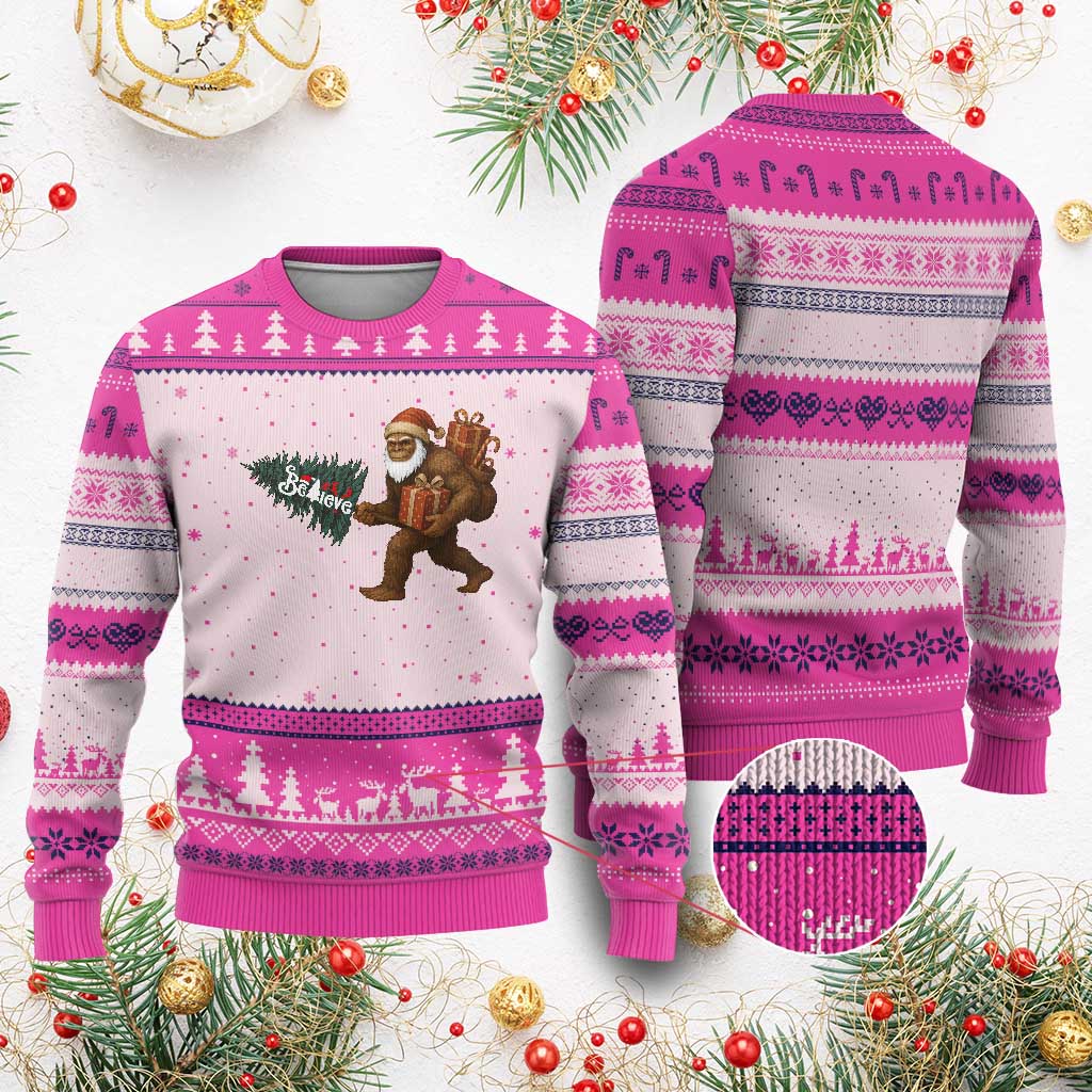 Believe Bigfoot Xmas Ugly Christmas Sweater Sasquatch Holiday Gift TS12 Hot Pink Print Your Wear