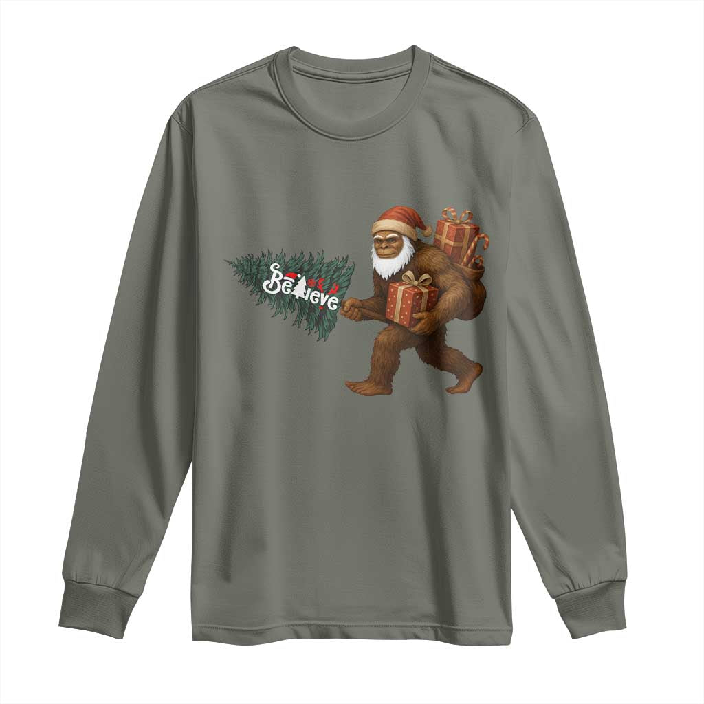 Believe Bigfoot Christmas Long Sleeve Shirt Sasquatch Holiday Gift TS12 Military Green Print Your Wear