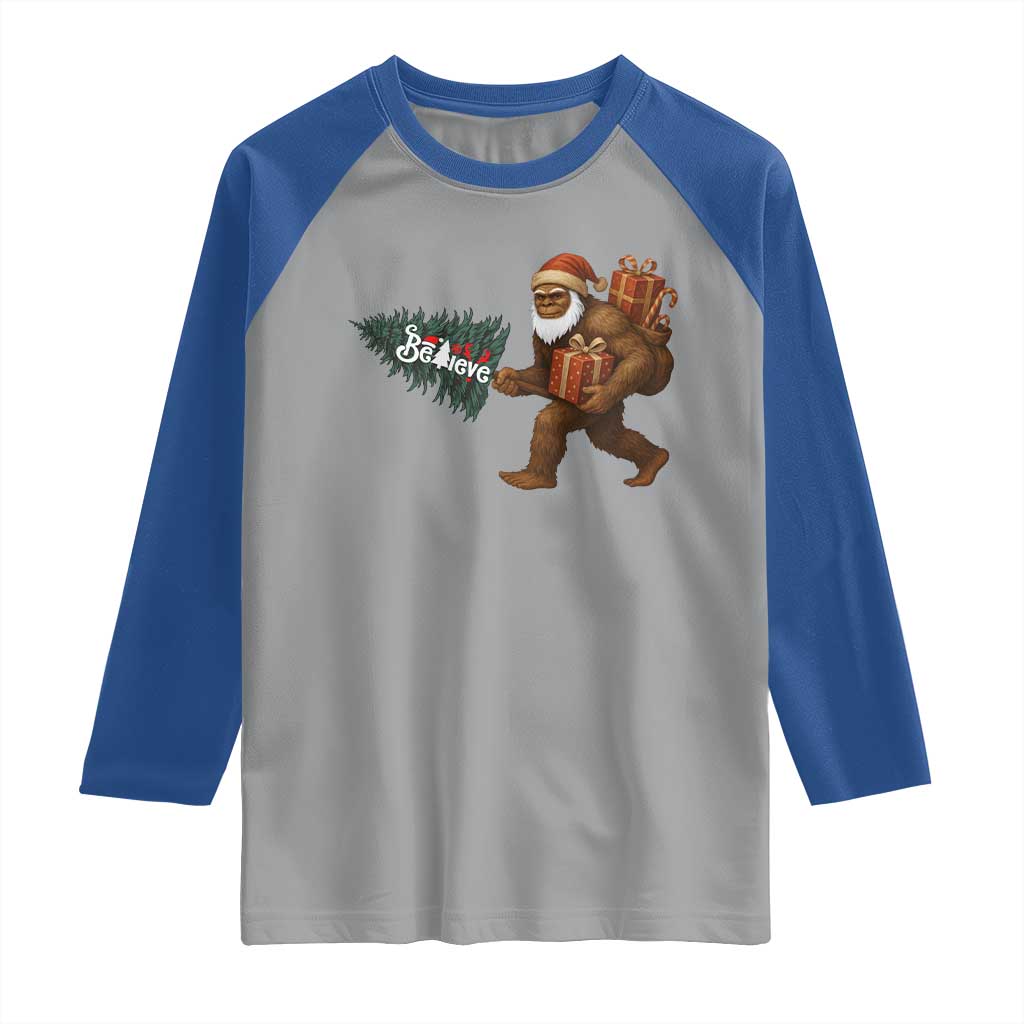 Believe Bigfoot Christmas Raglan Shirt Sasquatch Holiday Gift TS12 Sport Gray Royal Print Your Wear