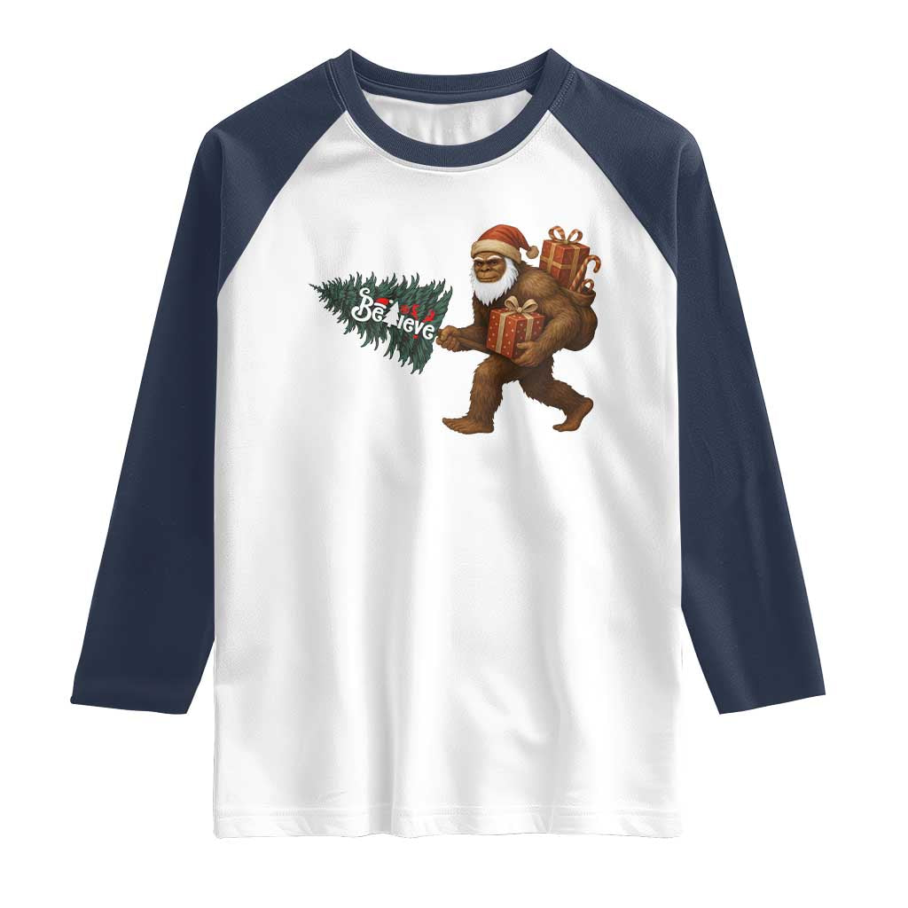 Believe Bigfoot Christmas Raglan Shirt Sasquatch Holiday Gift TS12 White Navy Print Your Wear