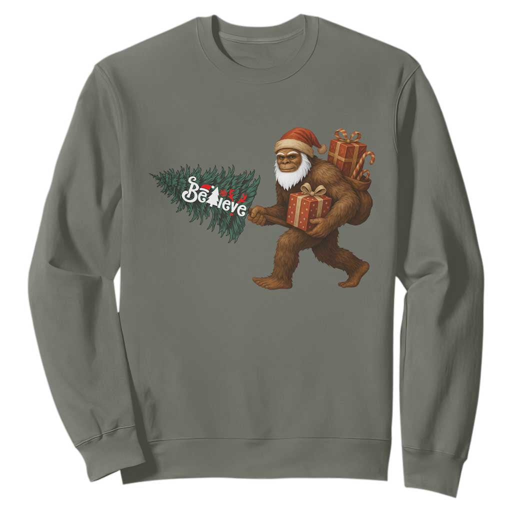 Believe Bigfoot Christmas Sweatshirt Sasquatch Holiday Gift TS12 Military Green Print Your Wear