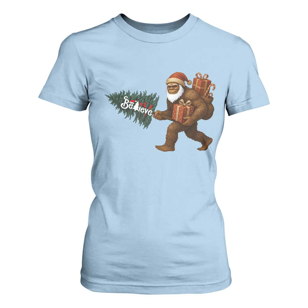 Believe Bigfoot Christmas T Shirt For Women Sasquatch Holiday Gift TS12 Light Blue Print Your Wear