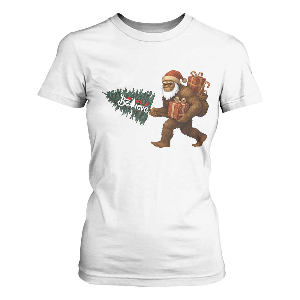 Believe Bigfoot Christmas T Shirt For Women Sasquatch Holiday Gift TS12 White Print Your Wear