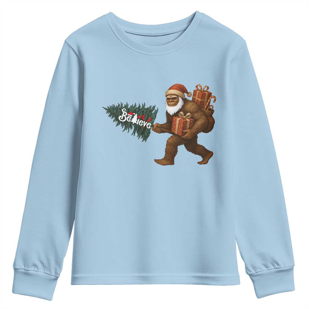 Believe Bigfoot Christmas Youth Sweatshirt Sasquatch Holiday Gift TS12 Light Blue Print Your Wear