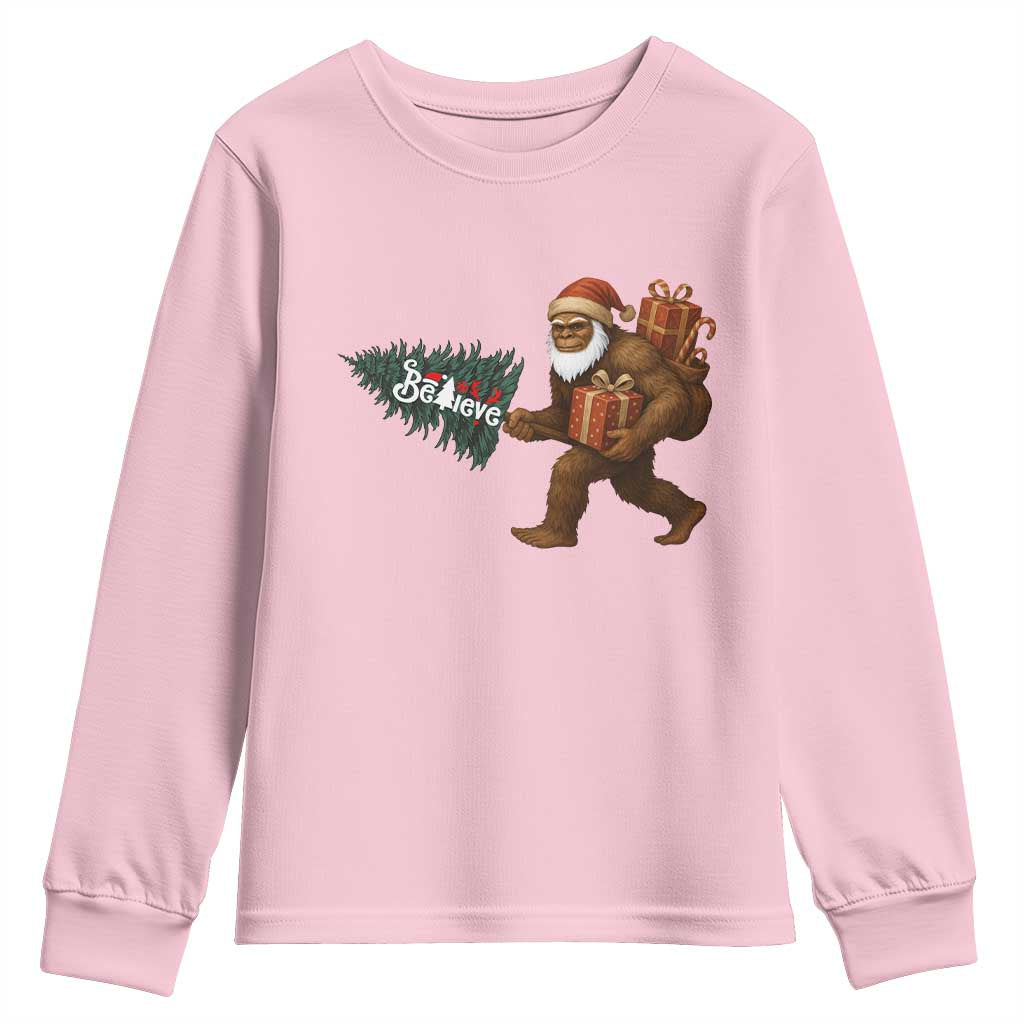 Believe Bigfoot Christmas Youth Sweatshirt Sasquatch Holiday Gift TS12 Light Pink Print Your Wear