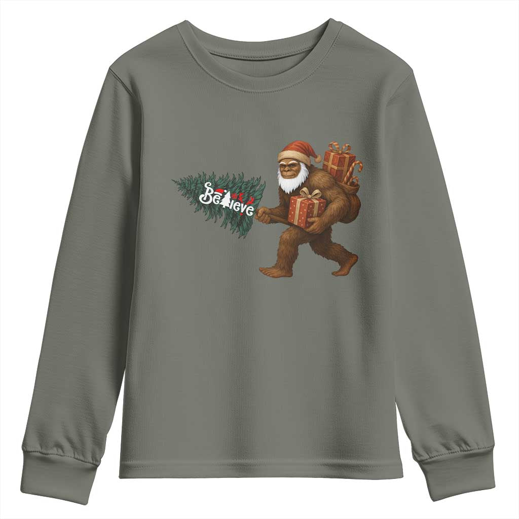Believe Bigfoot Christmas Youth Sweatshirt Sasquatch Holiday Gift TS12 Military Green Print Your Wear