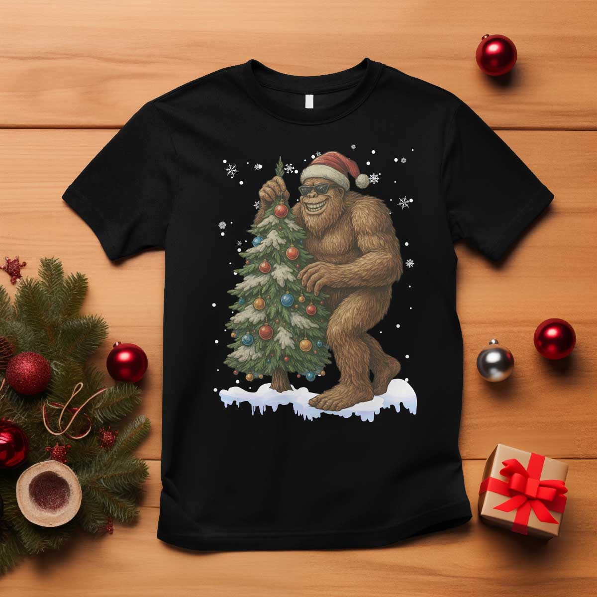 Funny Christmas T Shirt Bigfoot Decorating Xmas Tree Gift TS12 Black Print Your Wear