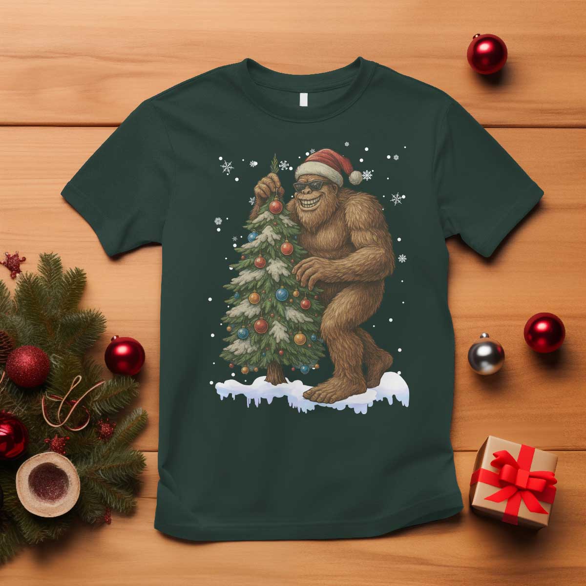 Funny Christmas T Shirt Bigfoot Decorating Xmas Tree Gift TS12 Dark Forest Green Print Your Wear