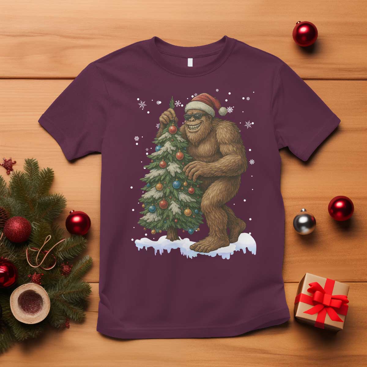 Funny Christmas T Shirt Bigfoot Decorating Xmas Tree Gift TS12 Maroon Print Your Wear