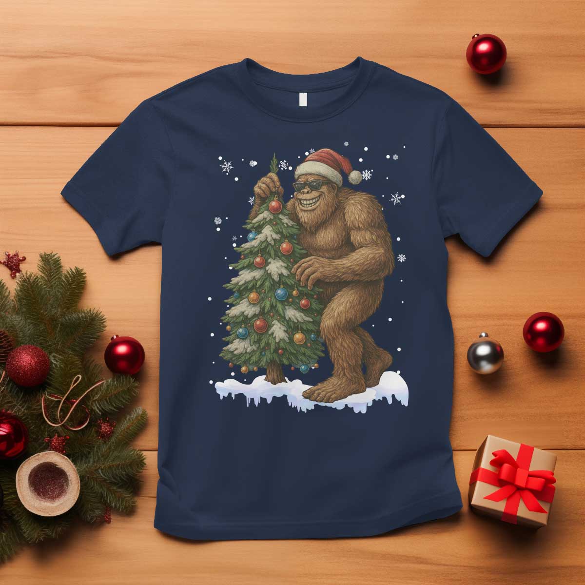 Funny Christmas T Shirt Bigfoot Decorating Xmas Tree Gift TS12 Navy Print Your Wear