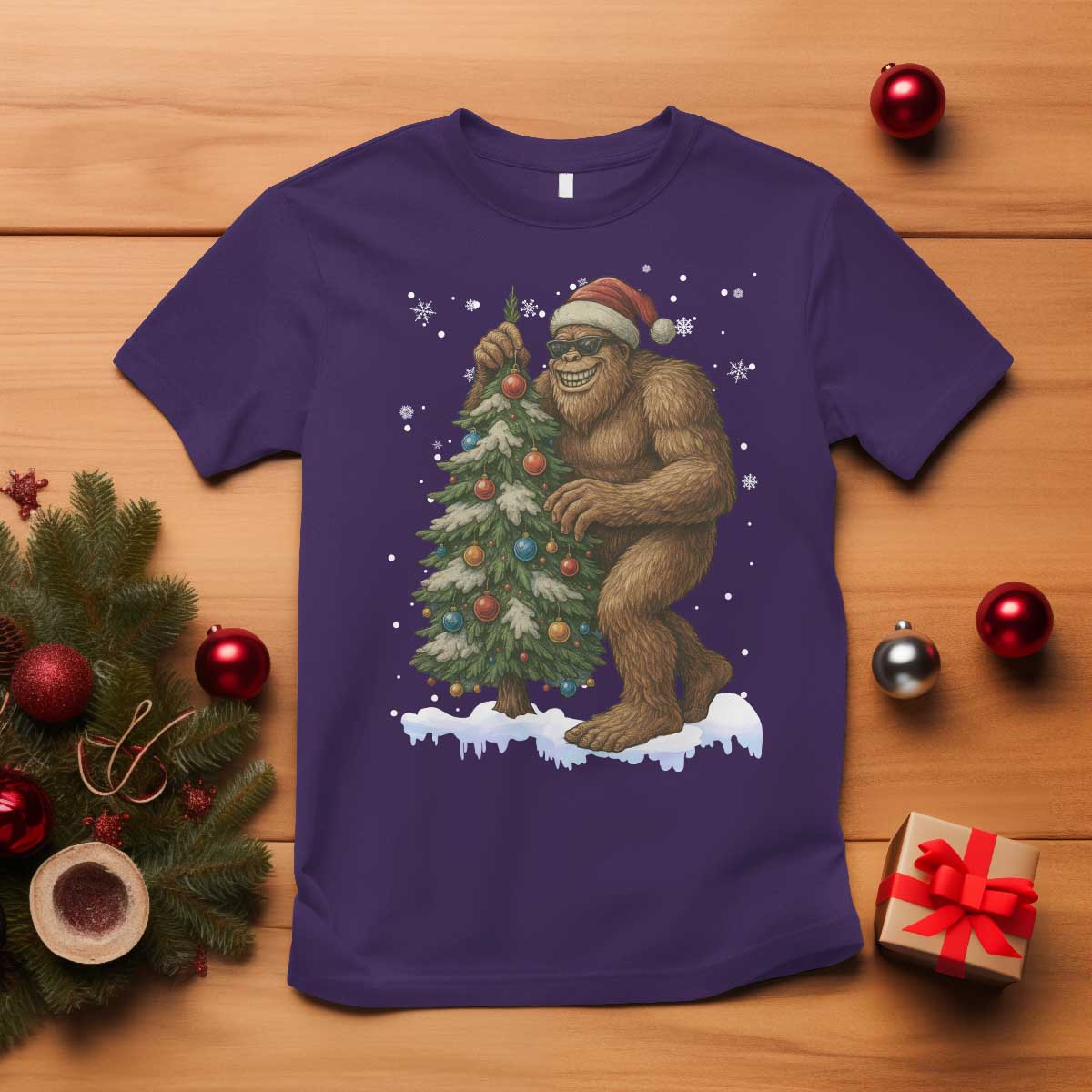 Funny Christmas T Shirt Bigfoot Decorating Xmas Tree Gift TS12 Purple Print Your Wear