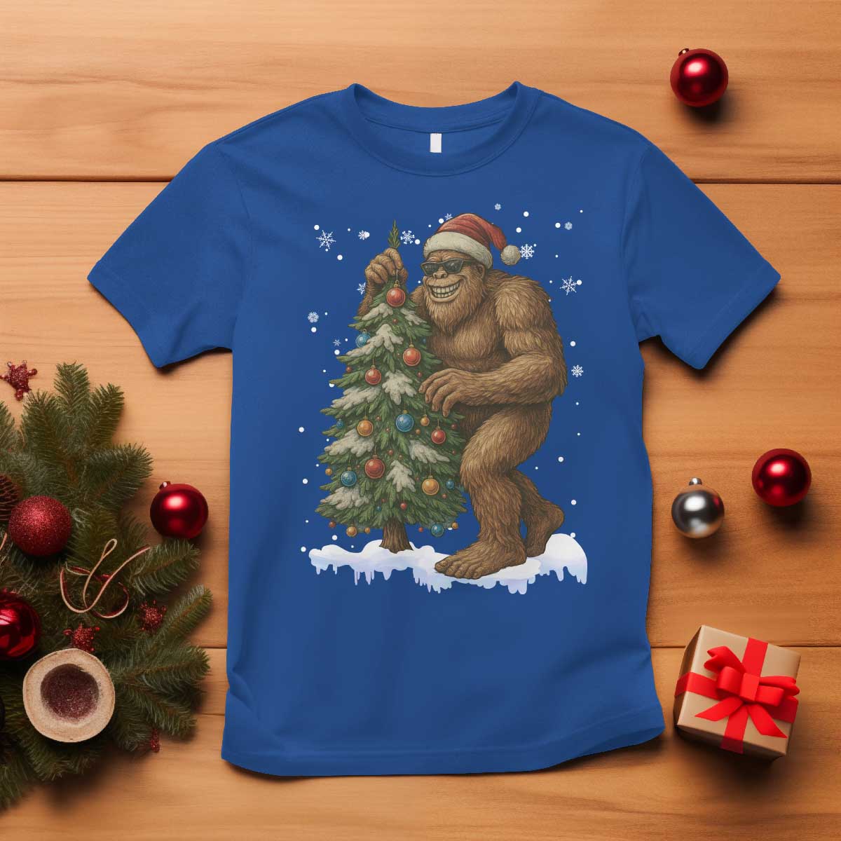 Funny Christmas T Shirt Bigfoot Decorating Xmas Tree Gift TS12 Royal Blue Print Your Wear