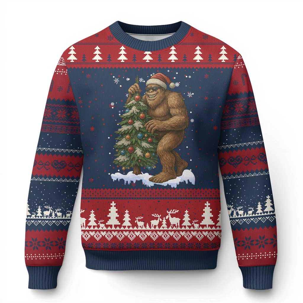 Funny Xmas Ugly Christmas Sweater Bigfoot Decorating Xmas Tree Gift TS12 Navy Red Print Your Wear