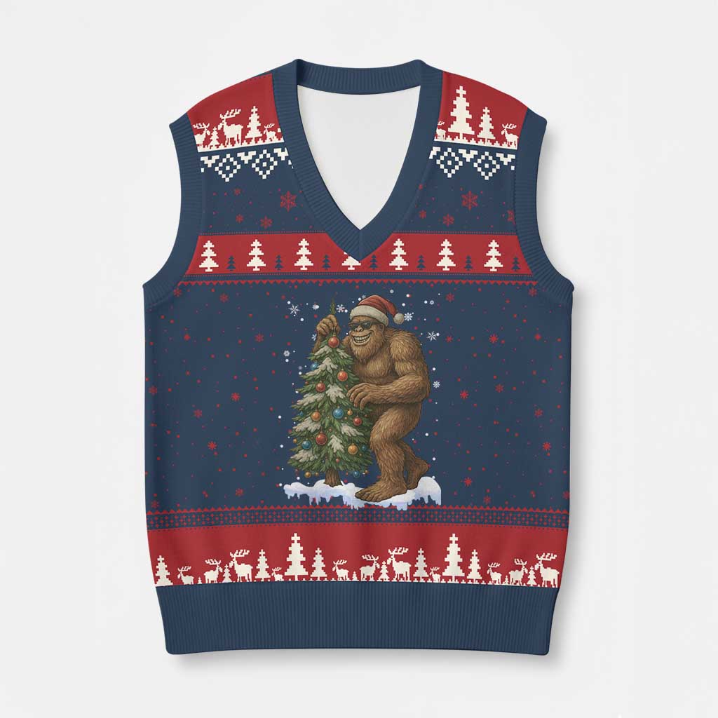 Funny Xmas V-Neck Knit Sweater Vest Bigfoot Decorating Xmas Tree Gift TS12 Navy Red Print Your Wear