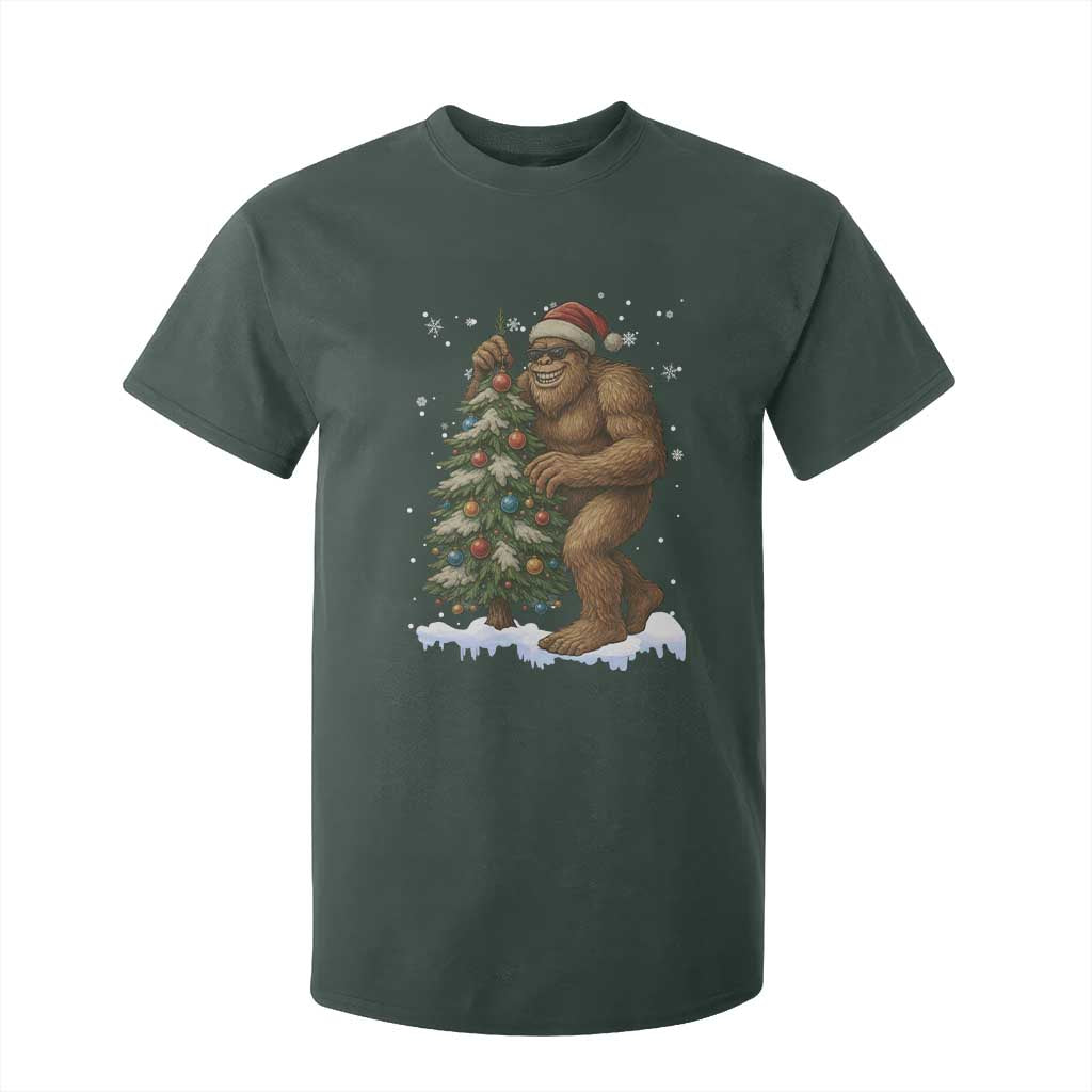 Funny Christmas T Shirt For Kid Bigfoot Decorating Xmas Tree Gift TS12 Dark Forest Green Print Your Wear
