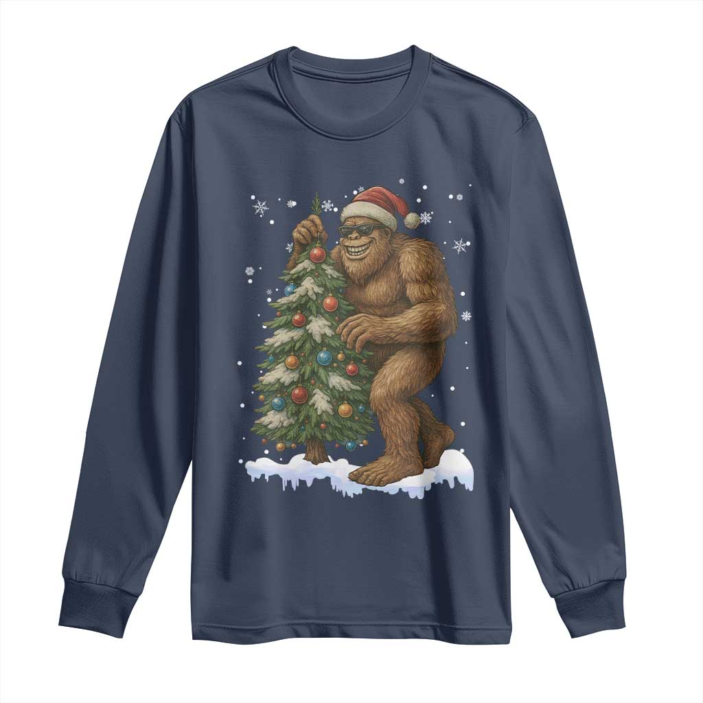 Funny Christmas Long Sleeve Shirt Bigfoot Decorating Xmas Tree Gift TS12 Navy Print Your Wear