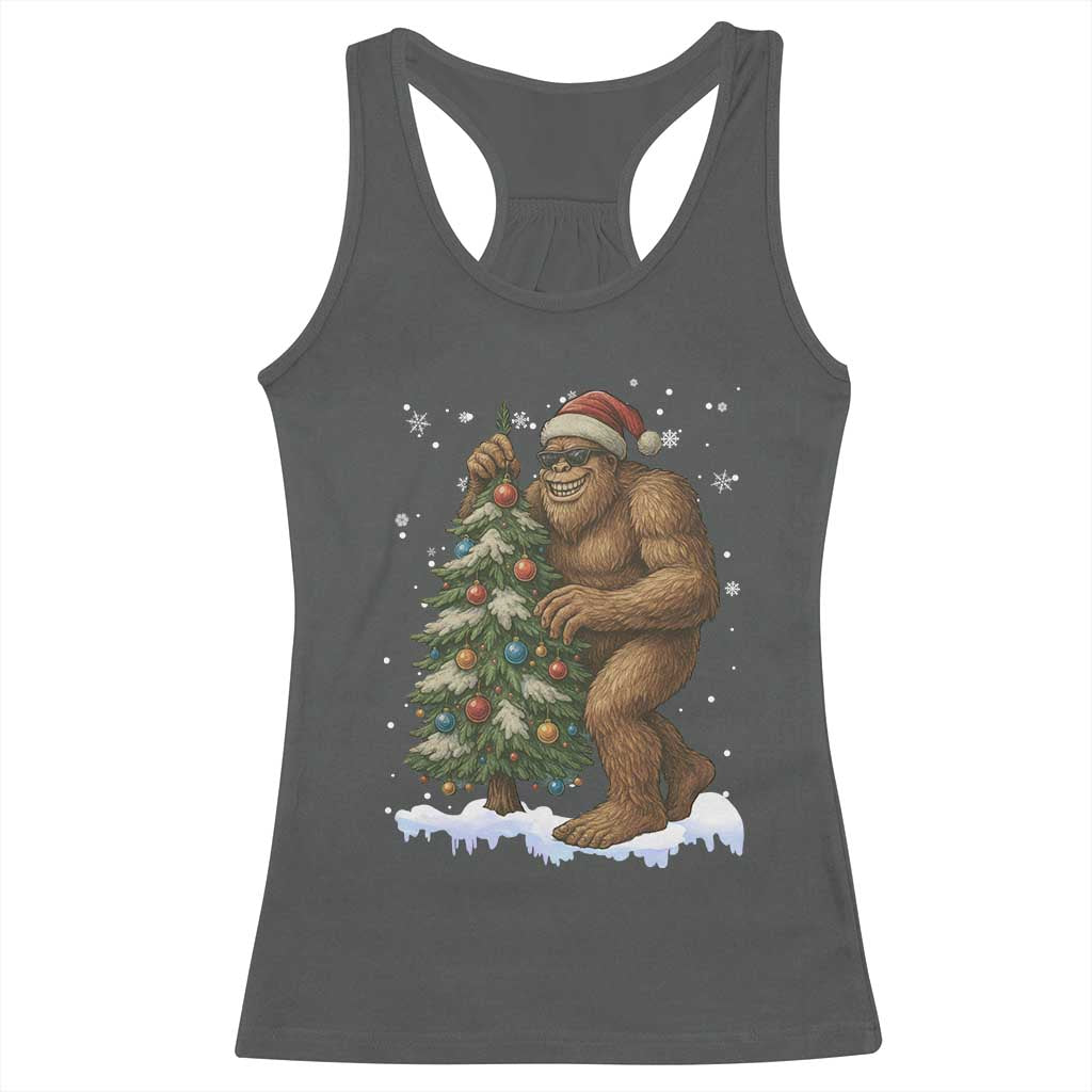 Funny Christmas Racerback Tank Top Bigfoot Decorating Xmas Tree Gift TS12 Dark Heather Print Your Wear