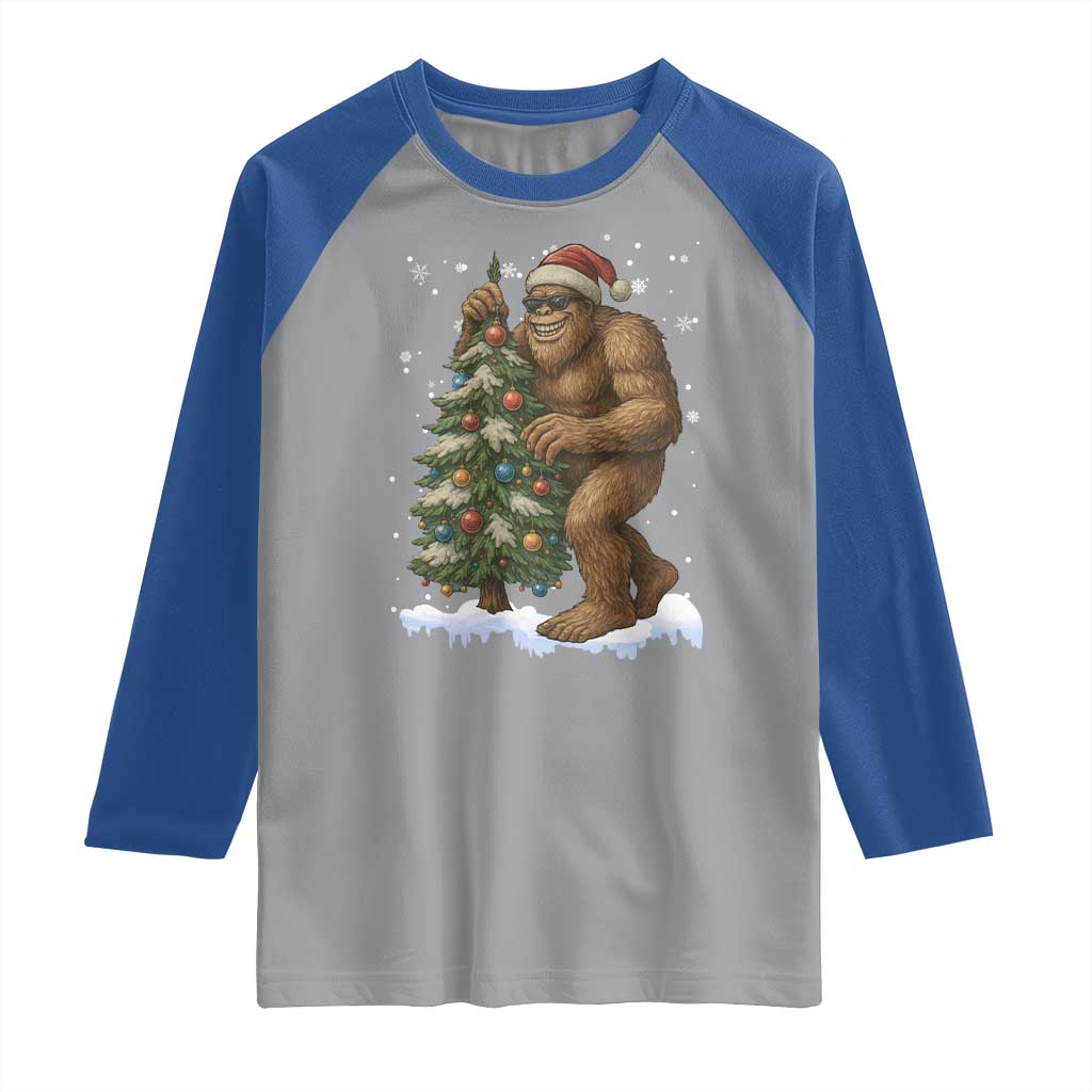 Funny Christmas Raglan Shirt Bigfoot Decorating Xmas Tree Gift TS12 Sport Gray Royal Print Your Wear