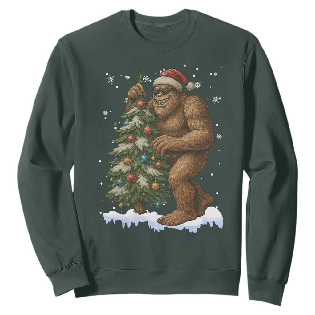 Funny Christmas Sweatshirt Bigfoot Decorating Xmas Tree Gift TS12 Dark Forest Green Print Your Wear