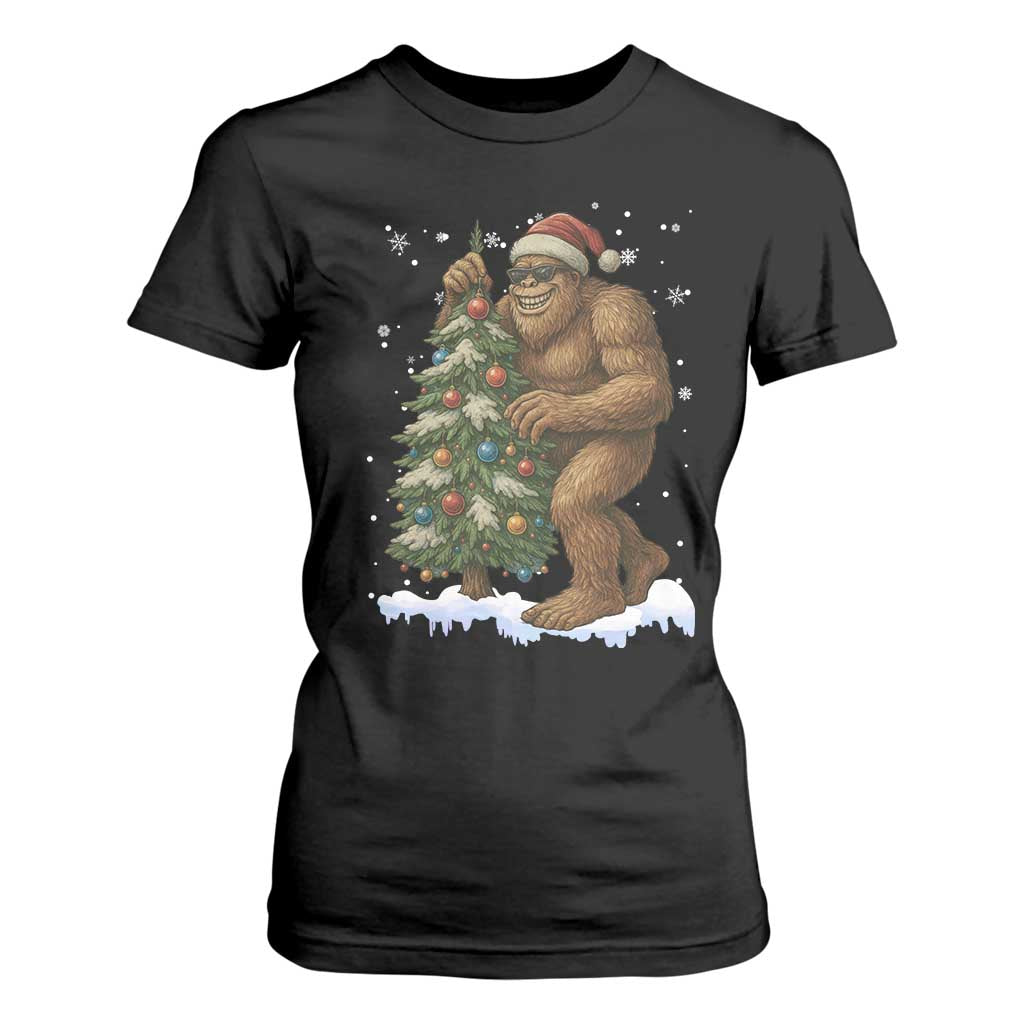Funny Christmas T Shirt For Women Bigfoot Decorating Xmas Tree Gift TS12 Black Print Your Wear