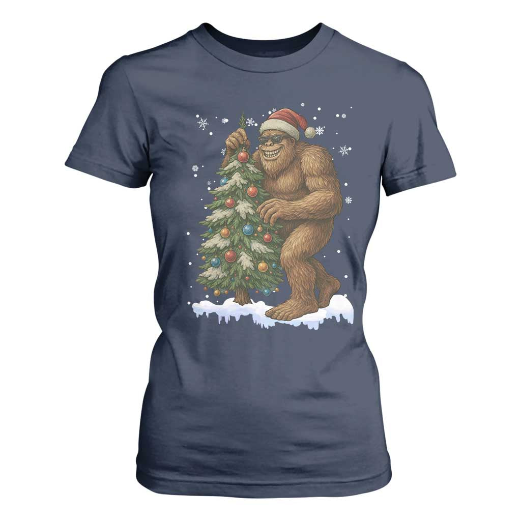 Funny Christmas T Shirt For Women Bigfoot Decorating Xmas Tree Gift TS12 Navy Print Your Wear
