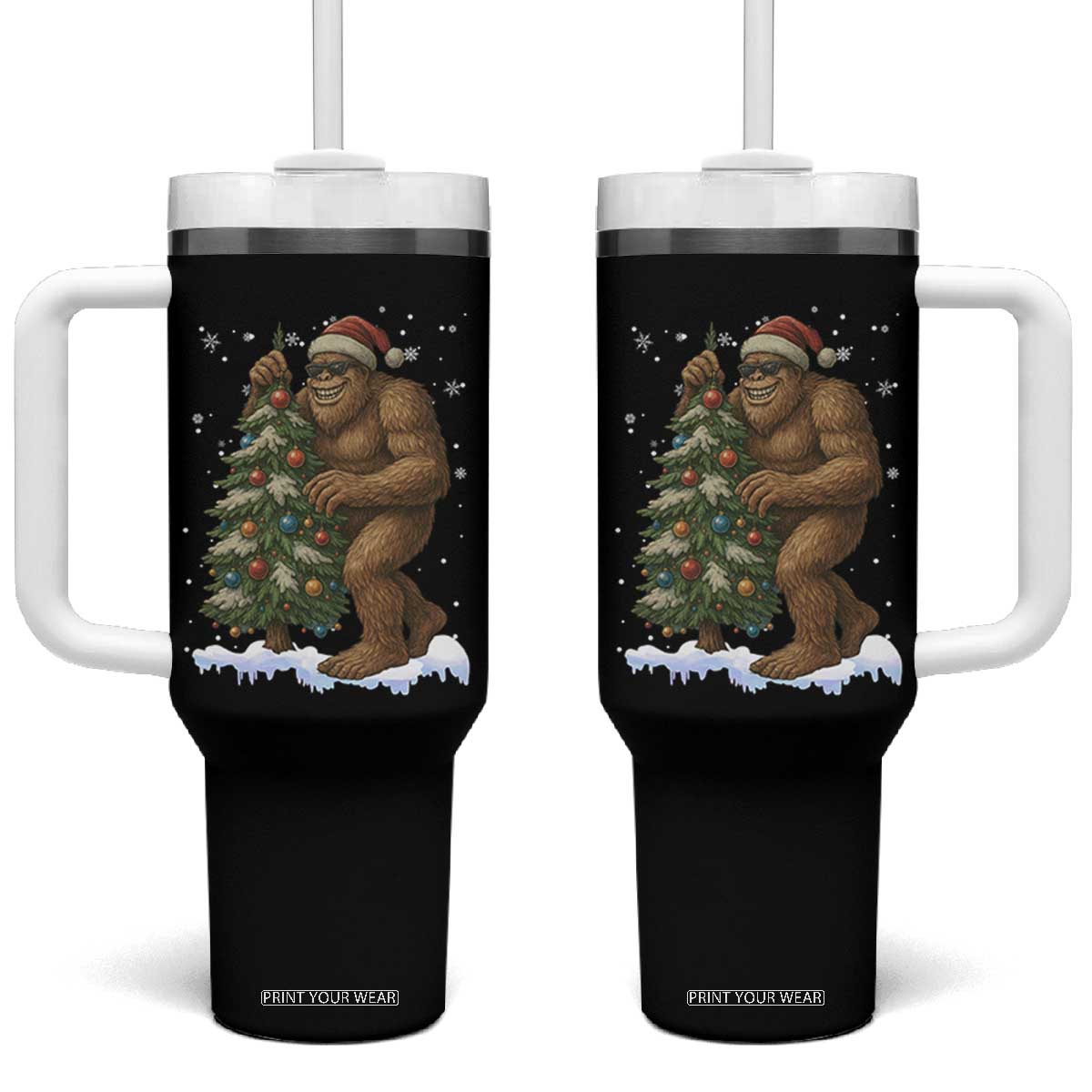 Funny Christmas Tumbler With Handle Bigfoot Decorating Xmas Tree Gift TS12 One Size: 40 oz Black Print Your Wear