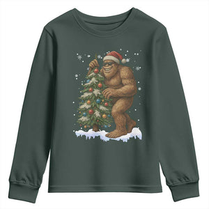 Funny Christmas Youth Sweatshirt Bigfoot Decorating Xmas Tree Gift TS12 Dark Forest Green Print Your Wear