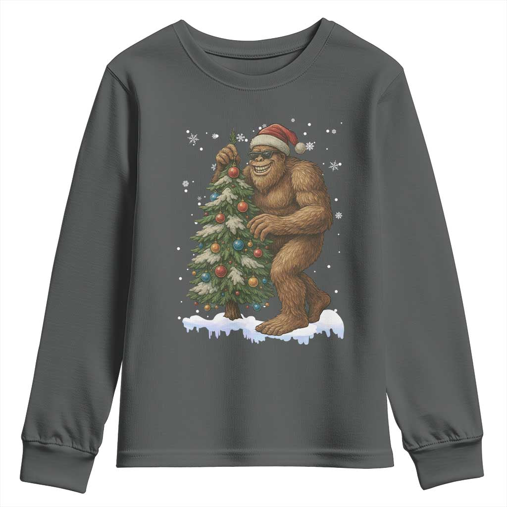 Funny Christmas Youth Sweatshirt Bigfoot Decorating Xmas Tree Gift TS12 Dark Heather Print Your Wear
