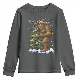 Funny Christmas Youth Sweatshirt Bigfoot Decorating Xmas Tree Gift TS12 Dark Heather Print Your Wear