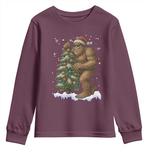 Funny Christmas Youth Sweatshirt Bigfoot Decorating Xmas Tree Gift TS12 Maroon Print Your Wear