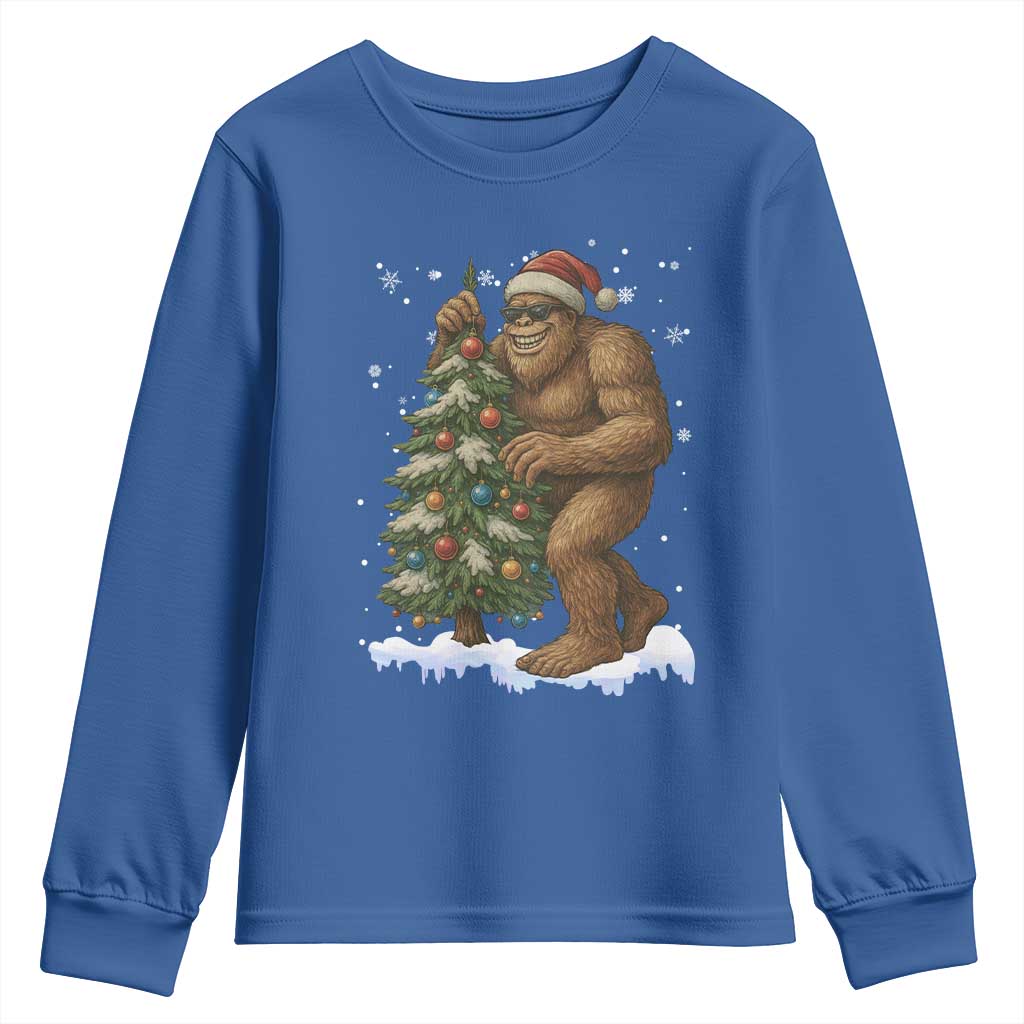 Funny Christmas Youth Sweatshirt Bigfoot Decorating Xmas Tree Gift TS12 Royal Blue Print Your Wear