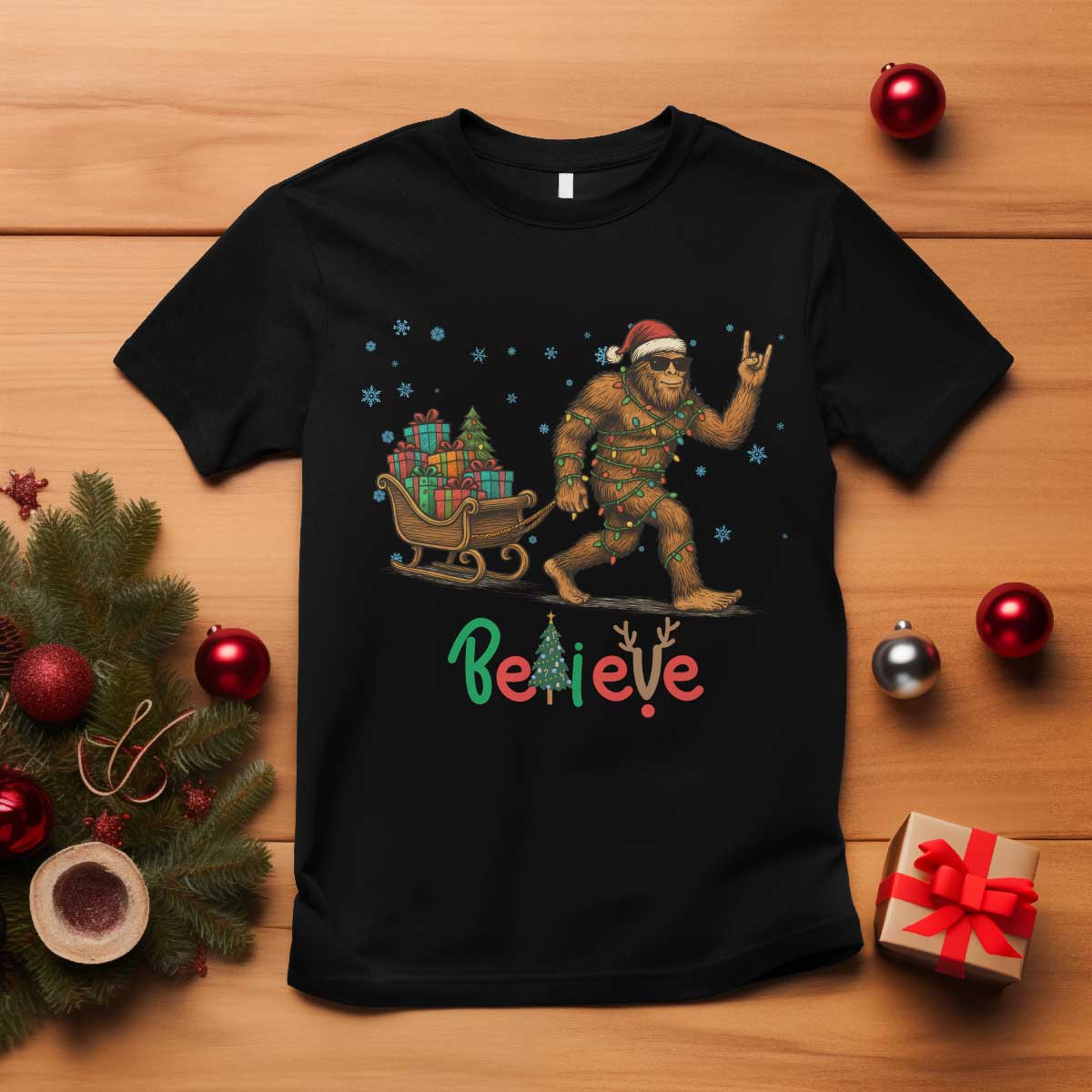 Bigfoot Christmas T Shirt Believe Funny Holiday Gift TS12 Black Print Your Wear