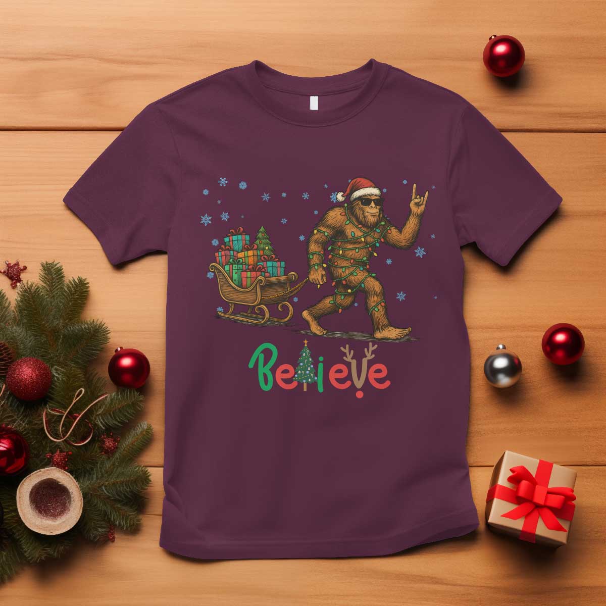 Bigfoot Christmas T Shirt Believe Funny Holiday Gift TS12 Maroon Print Your Wear