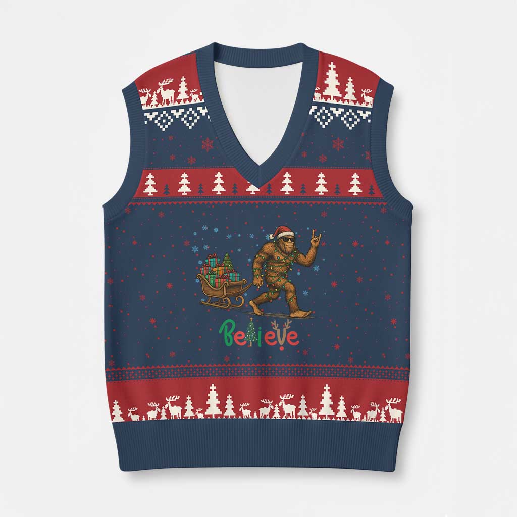 Bigfoot Xmas V-Neck Knit Sweater Vest Believe Funny Holiday Gift TS12 Navy Red Print Your Wear