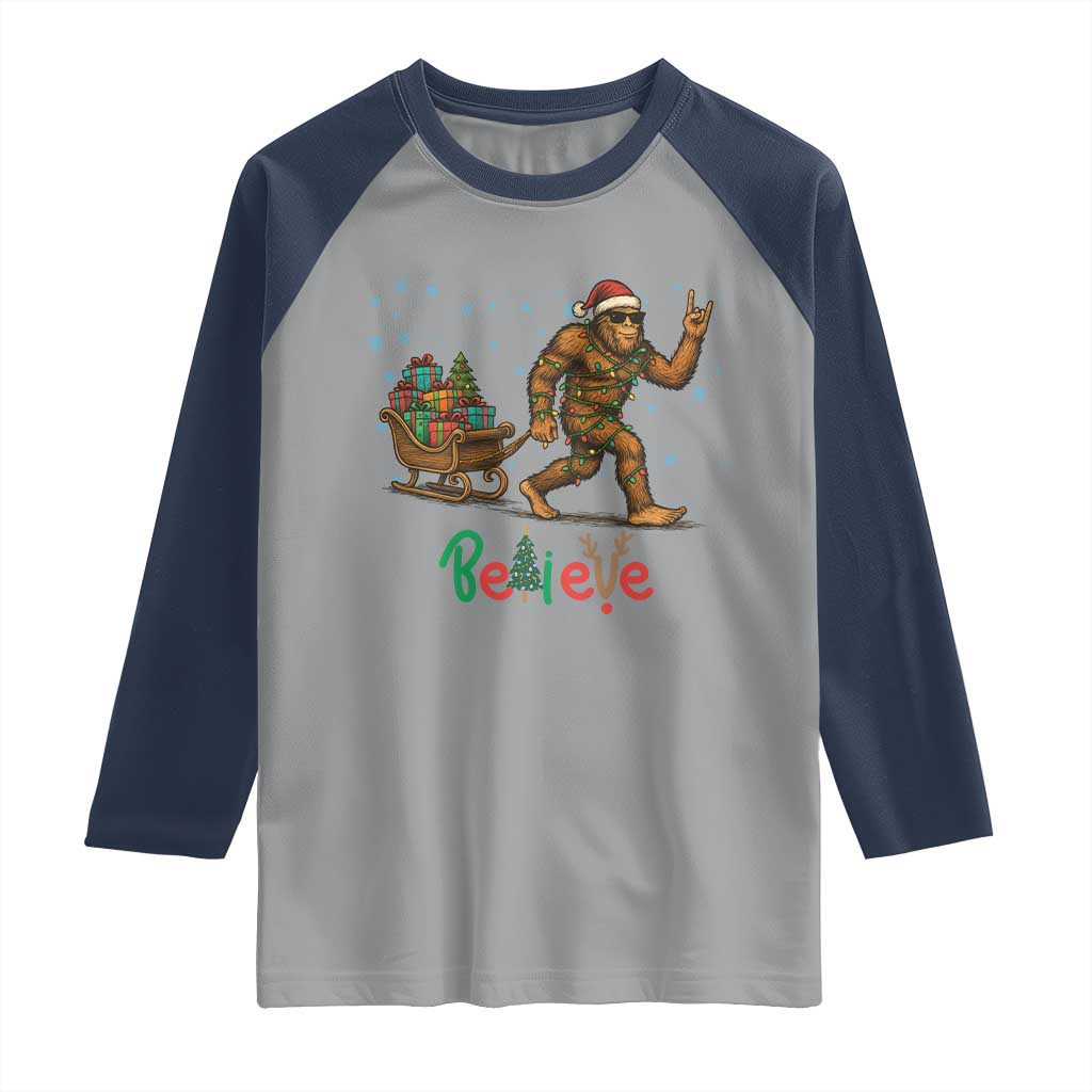 Bigfoot Christmas Raglan Shirt Believe Funny Holiday Gift TS12 Sport Gray Navy Print Your Wear