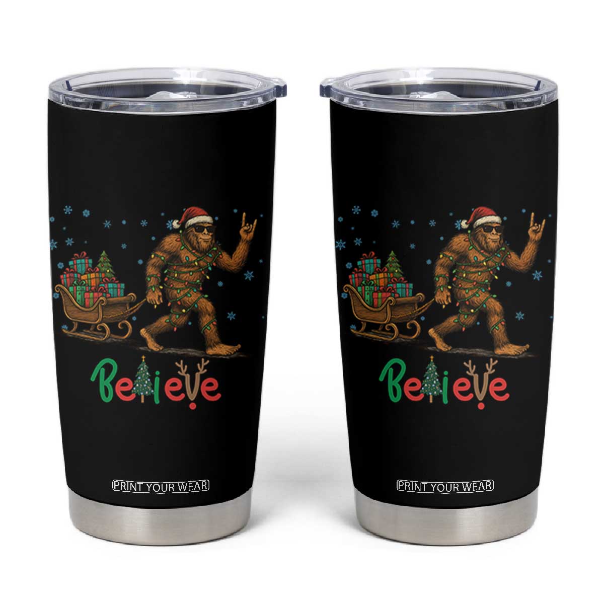Bigfoot Christmas Tumbler Cup Believe Funny Holiday Gift TS12 Black Print Your Wear
