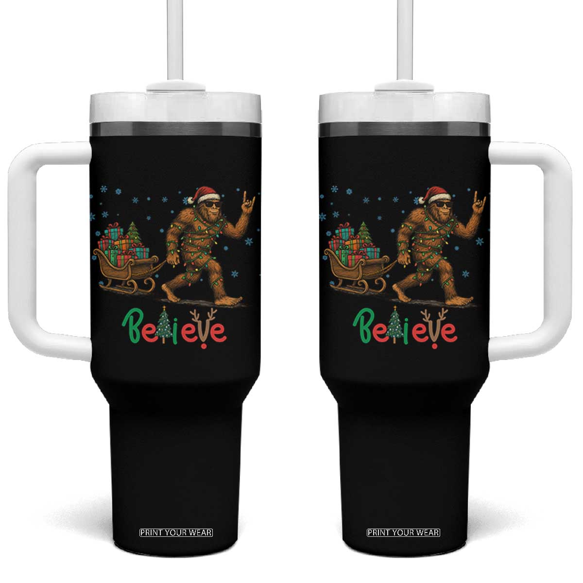 Bigfoot Christmas Tumbler With Handle Believe Funny Holiday Gift TS12 One Size: 40 oz Black Print Your Wear