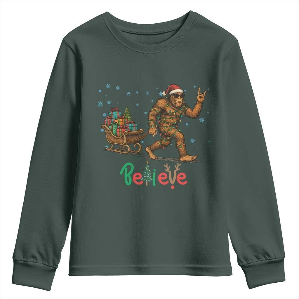 Bigfoot Christmas Youth Sweatshirt Believe Funny Holiday Gift TS12 Dark Forest Green Print Your Wear