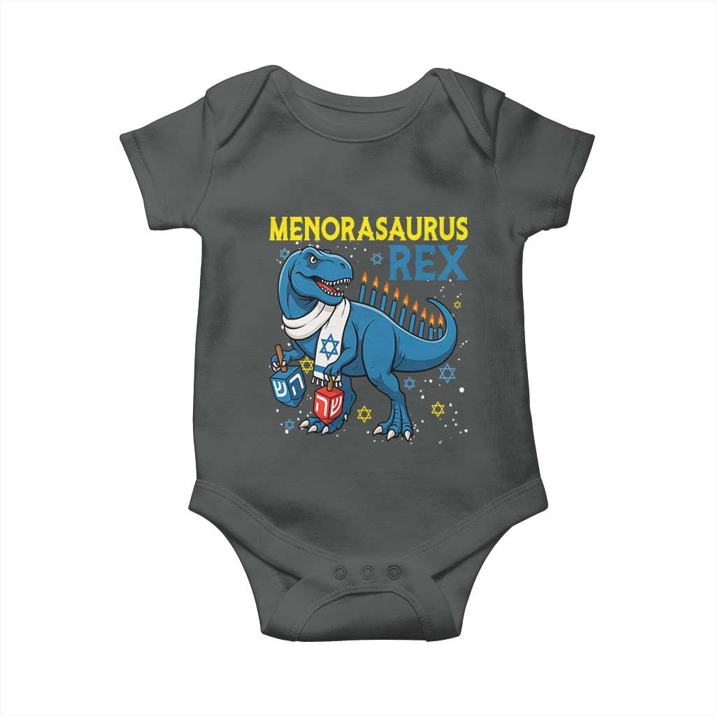 Funny Hanukkah Dinosaur With Dreidel Menorah Pun Gift Baby Onesie Menorasaurus Rex TS12 Dark Heather Print Your Wear