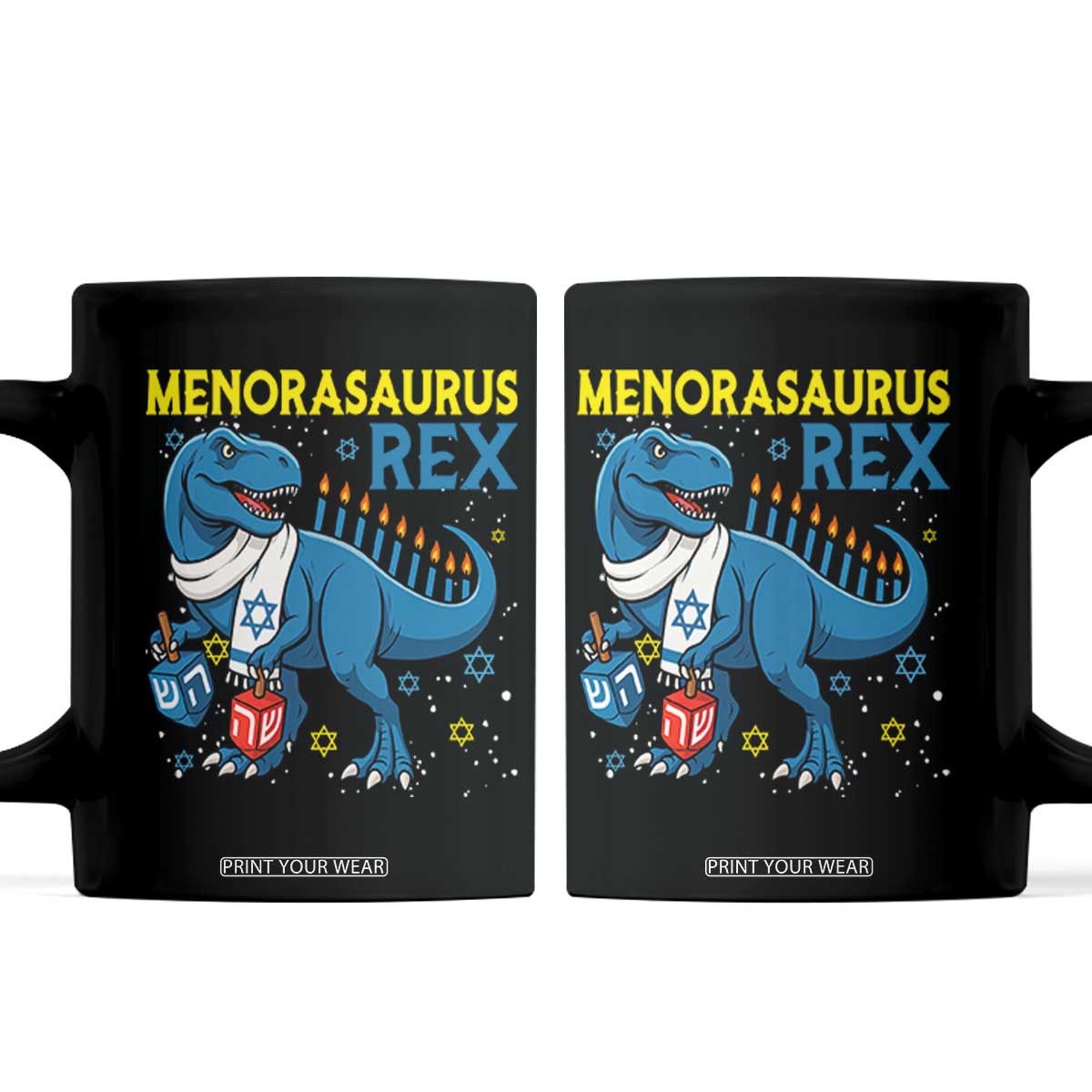 Funny Hanukkah Dinosaur With Dreidel Menorah Pun Gift Coffee Mug Menorasaurus Rex TS12 Black Print Your Wear
