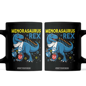 Funny Hanukkah Dinosaur With Dreidel Menorah Pun Gift Coffee Mug Menorasaurus Rex TS12 Black Print Your Wear