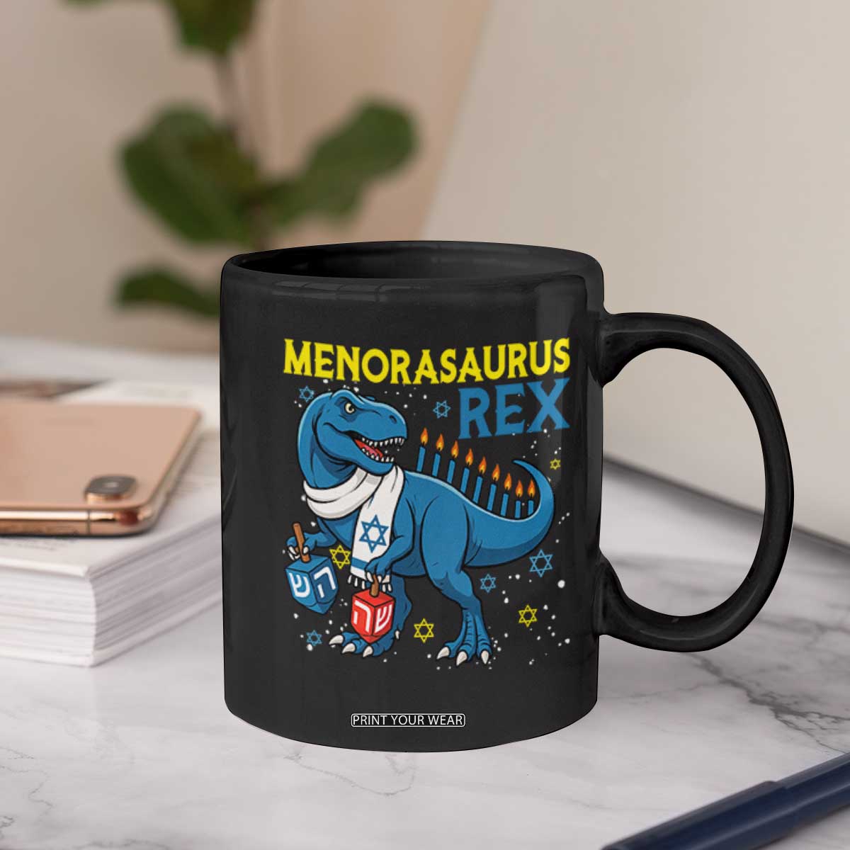 Funny Hanukkah Dinosaur With Dreidel Menorah Pun Gift Coffee Mug Menorasaurus Rex TS12 Print Your Wear