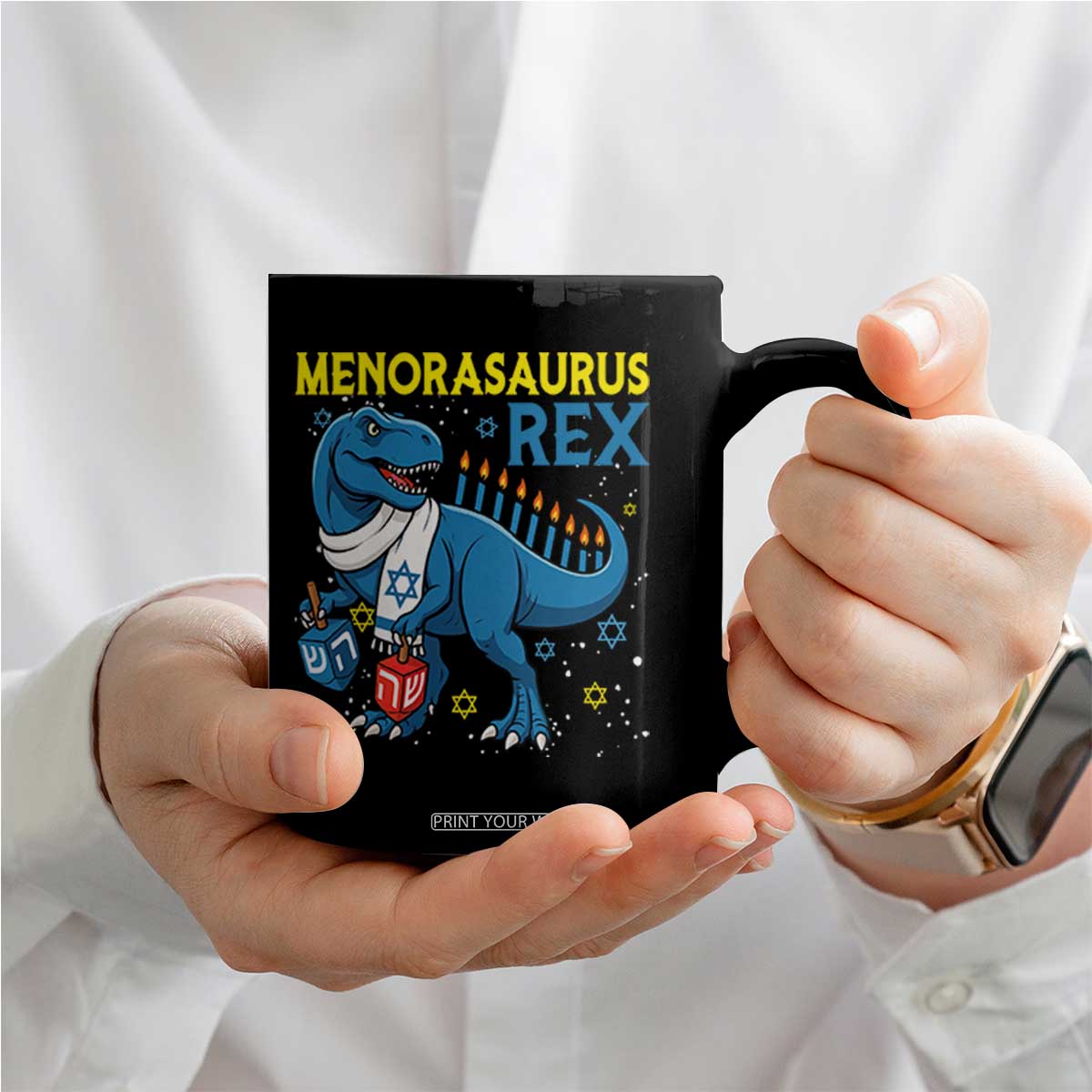 Funny Hanukkah Dinosaur With Dreidel Menorah Pun Gift Coffee Mug Menorasaurus Rex TS12 Print Your Wear