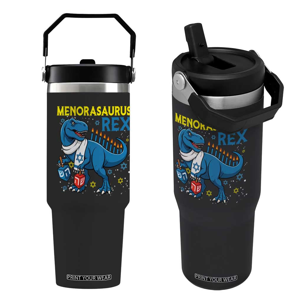 Funny Hanukkah Dinosaur With Dreidel Menorah Pun Gift Flip Straw Tumbler Menorasaurus Rex TS12 One Size: 30 oz Black Print Your Wear