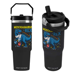 Funny Hanukkah Dinosaur With Dreidel Menorah Pun Gift Flip Straw Tumbler Menorasaurus Rex TS12 One Size: 30 oz Black Print Your Wear