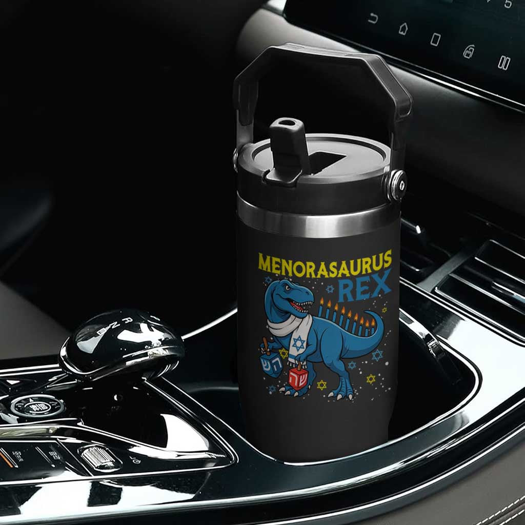 Funny Hanukkah Dinosaur With Dreidel Menorah Pun Gift Flip Straw Tumbler Menorasaurus Rex TS12 Print Your Wear