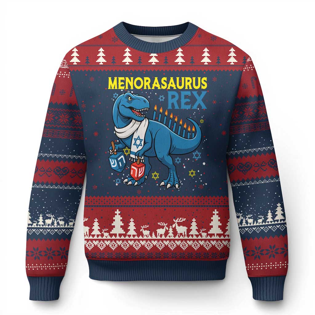 Funny Hanukkah Dinosaur With Dreidel Menorah Pun Gift Ugly Christmas Sweater Menorasaurus Rex TS12 Navy Red Print Your Wear