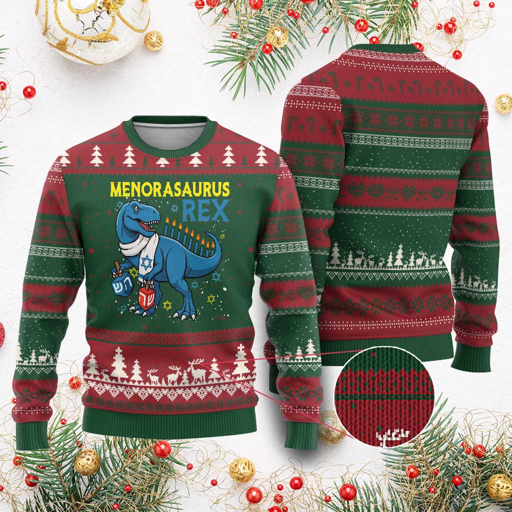 Funny Hanukkah Dinosaur With Dreidel Menorah Pun Gift Ugly Christmas Sweater Menorasaurus Rex TS12 Red Green Print Your Wear